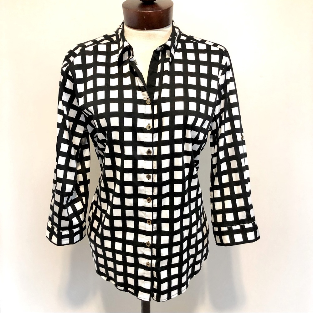 NY&Co black plaid 3/4 sleeve blouse